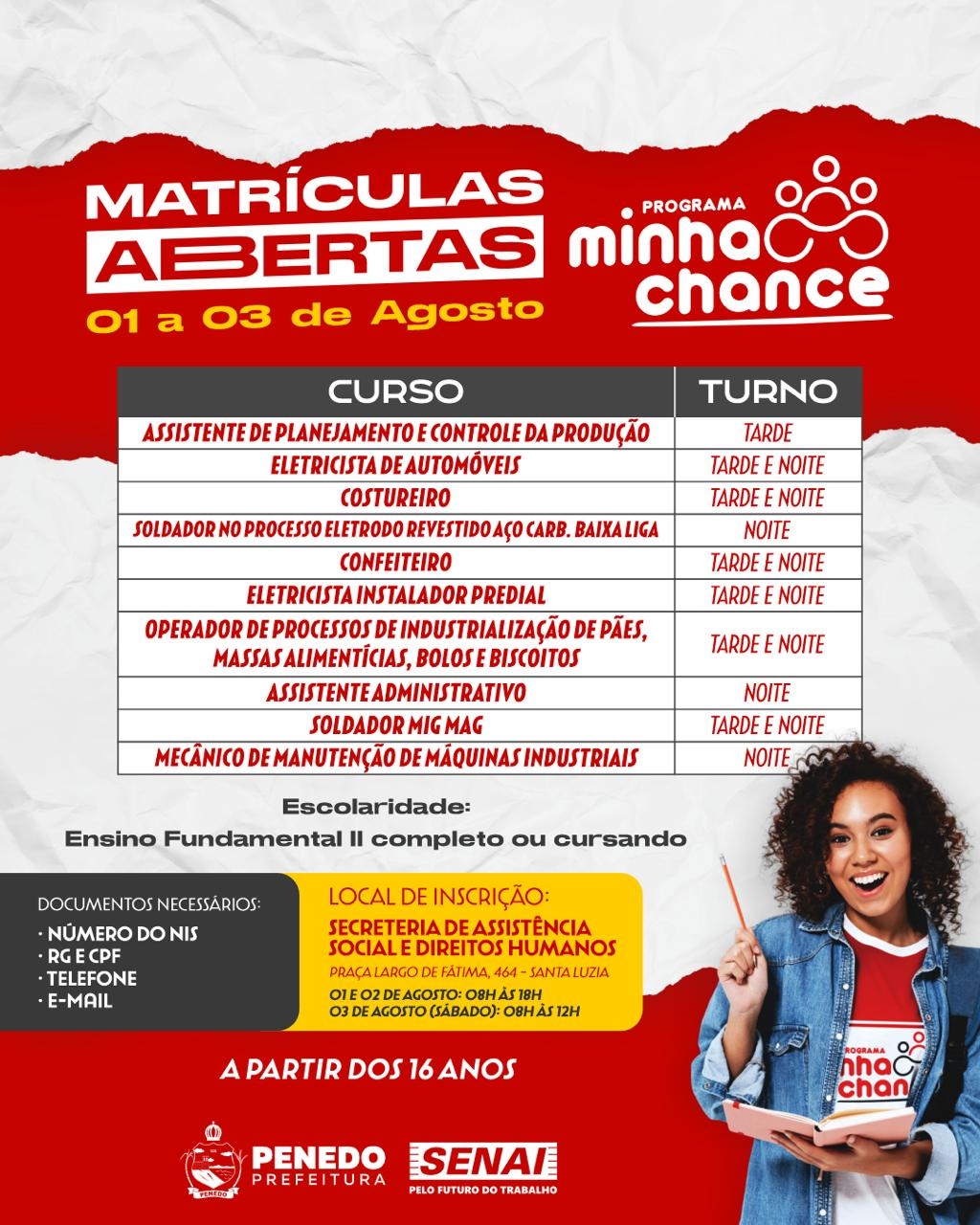 Inscrições para cursos profissionalizantes gratuitos em Penedo pelo Programa Minha Chance