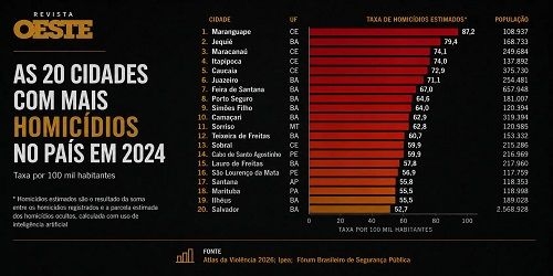 Alagoas fica fora da lista das 20 cidades mais violentas do Brasil